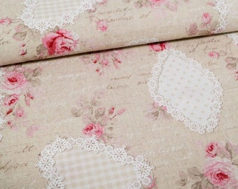 Rosen Rosa Leinenimitat Halbpanama Shabby Chic Rosenstoff Stoff mit Rosen Dekostoff Rosen rosa Rosenstoff