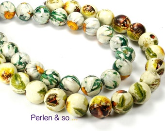 2 paper beads Ø 20 mm with chestnut or flower (marguerite) motif