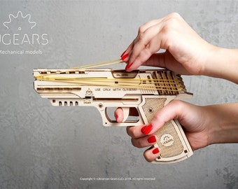 Mechanical wooden puzzle, pistol, handgun, gift idea, DIY kit