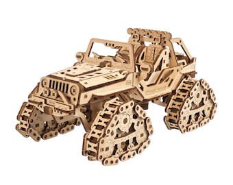 Mechanical wooden puzzle off-road vehicle with 4x4 chain drive, model kit, craft gift, gift for teenagers 14+, off-road vehicle