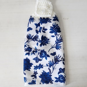 Gehäkelte Top Küchentuch, Blau und Weiß Floral Handtuch, hängenden Baumwolle Geschirrtuch