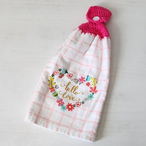 Gehäkelte Top Küchenhandtuch, ""Hello Love"" Handtuch, Hängetuch Baumwolle Geschirrtuch, Pastell Rosa Geschirrtuch."