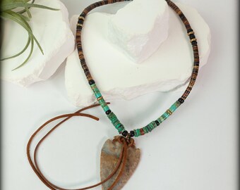 Turquoise and Brown Pen Shell Heishi Bead Arrowhead Necklace Southwestern Native American