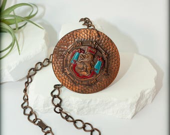 Copper Enamel Heraldic Lion Maltese Cross Retro Vintage Pendant Necklace