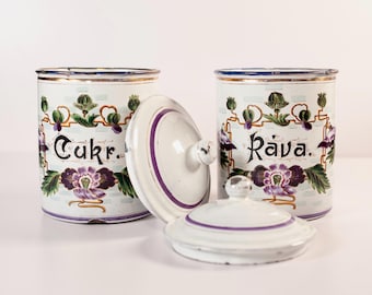 Antique Enamelware Metal Canister Sugar Coffee Set Austro-Hungarian Kitchenware