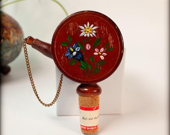 Vintage Swiss Musical Wood Bottle Pourer Stopper - Roll Out The Barrell