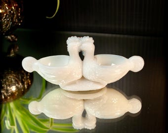 French Antique Vintage White Milk Glass Double Open Salt Pepper Cellar