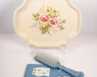 Vintage Avon Vanity Collection Avonshire Blue Brush Hand Mirror Floral Tray Set
