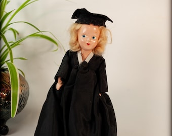 Vintage Hard Plastic 7" Graduation Doll with Stand Mid Century