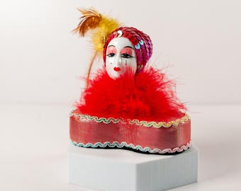 Mardi Gras Hand Painted Porcelain Doll Head on Heart Platform Red Gold Vintage Decor