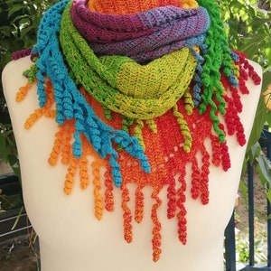 Könnte beinhalten: Ein bunter Häkel-Schal mit einem Regenbogenmuster und Fransen. Der Schal ist aus verschiedenen Farben gefertigt, darunter Rot, Orange, Gelb, Grün, Blau und Lila. Die Fransen bestehen aus kleinen, gehäkelten Schlaufen.