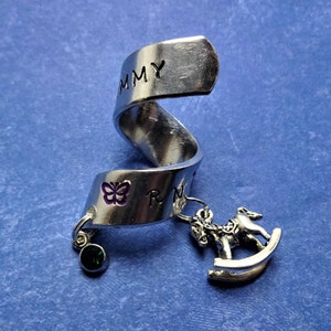 3/8 Inch Open Style Stethoscope Name Tag With Multiple Charms-3/8 Inch Stethoscope ID Ring-Hand Stamped Gift-Personalized Gift