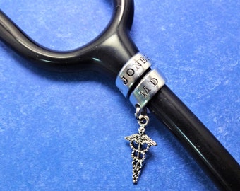 Caduceus Stethoscope ID Tag, Stethoscope Name Tag with Caduceus Charm, Hand Stamped Gift, Personalized Gift