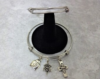 Make Your Own 3 Charm Bangle Bracelet, Silver Adjustable Bangle Bracelet, Medical Accessory, Medical Gift, Medical Graduation