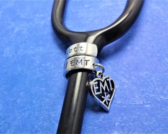 EMT Stethoscope ID Tag, Stethoscope Tag with EMT Charm, Personalized Gift, Hand Stamped Gift