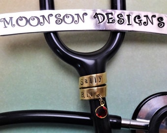 Brass Stethoscope ID Tag with Birthstone Charm, Brass Stethoscope Charm, Gold Plated Birthstone Charm, Medical Accessory