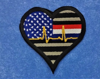 Embroidered USA Flag Heart with Telemetry Wave Patch, Thin Gold Line Flag Patch, First Responder Gift, Medical Gift
