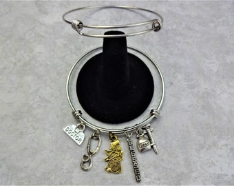 5 Charm Make Your Own Silver Bangle Bracelet, Adjustable Bangle Bracelet, Medical Gift, Medical Accessory, Vet Gift