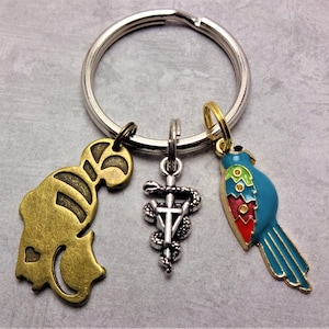 Vet Tech Key Ring, Parrot Charm, Bronze Cat Charm, Vet Tech Gift