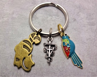 Vet Tech Key Ring, Parrot Charm, Bronze Cat Charm, Vet Tech Gift