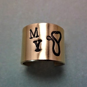 Brass Stethoscope Cuff, Brass Stethoscope Charm, MY Stethoscope Stamp, Hand Stamped Gift