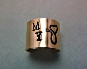 Brass Stethoscope Cuff, Brass Stethoscope Charm, MY Stethoscope Stamp, Hand Stamped Gift