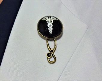 Bronze Caduceus Lapel Pin with attached Medical Charm, Bronze Caduceus Brooch with Medical Charm, Medical Gift, DR Graduation Gift