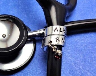 Stethoscope ID Tag, June Birthstone Charm, Hand Stamped, Personalized, June Birthday, RN Gift, RN Appreciation