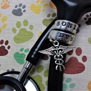 May include: A black stethoscope with a silver charm of a caduceus with wings and the letters "DVM" on two silver rings. The stethoscope is on a background of paw prints in various colors.