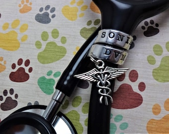 DVM Stethoscope Name Tag, Stethoscope Charm, Hand Stamped Gift, Personalized, DVM Gift, DVM Graduation