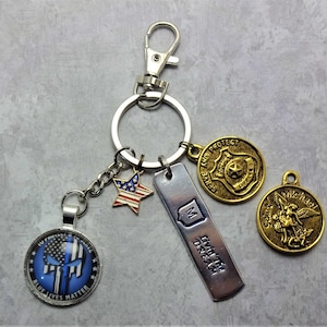 Thin Blue Line Key Ring, LE Key Ring with Police Charms, Thin Blue Line Face Mask Charm, St Michael Charm, Hand Stamped Gift