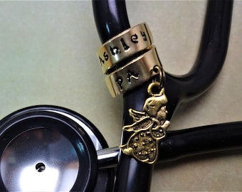 Brass Stethoscope Name Tag with Charm, Brass Stethoscope Charm, Praying Angel Charm, Hand Stamped Gift, Personalized Gift