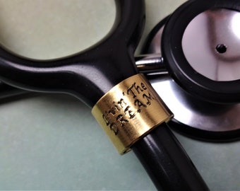Brass Stethoscope Cuff, "Livin' The Dream", Brass Stethoscope Charm, Medical Gift, Hand Stamped Gift