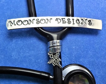 BSN Stethoscope ID Tag with BSN Caduceus Charm, Stethoscope Charm, Hand Stamped Gift, Bachelor of Science in Nursing Graduation