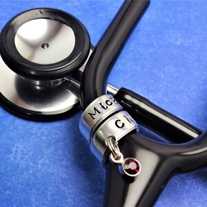 Stethoscope ID Tag, January Birthstone Charm, Hand Stamped, Personalized, Stethoscope Name Tag, Nurse Gift, Doctor Gift