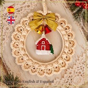 Christmas Wreath Crochet Pattern, Boho Holiday Wreath PDF, Popcorn Stitch Wreath Tutorial / Patrón Corona Navideña Crochet Español