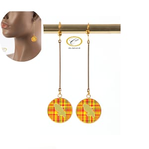 Boucles d'oreilles tiges madras, carte martinique, acier inoxydable, résine, bijoux colorés, bijoux madras, bijoux antillais, bijoux afro