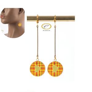 Boucles d'oreilles tiges madras, carte guyane, acier inoxydable, résine, bijoux colorés, bijoux madras, bijoux antillais, bijoux afro