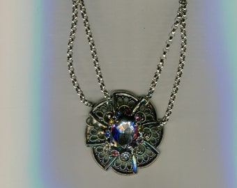 filigree medieval Renaisance Rhinestone necklace silver and colorful size 42