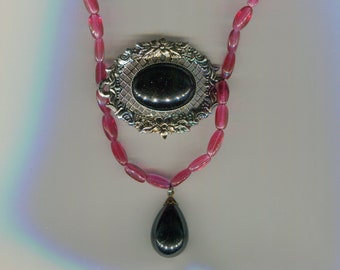 Mittelalter Renaissance Perlen-Kette pink + silber + schwarz Gr. 44