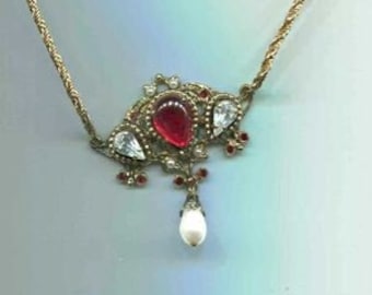 Chaîne Renaissance médiévale avec pendentif perle or antique + taille rubis. 50