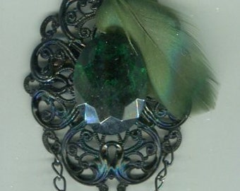 filigree medieval Renaissance brooch Victorian with pendant black + emerald look 130 x 45 mm