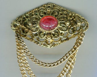 filigree medieval Renaissance brooch with cabochon and cascade gold + fire opal optics 60 x 47 mm