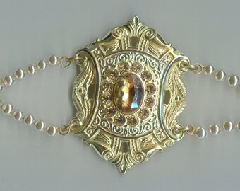 Mittelalter Renaissance Strass Kette Gürtel gold + Perlen + Topas-Optik Länge: 108 cm