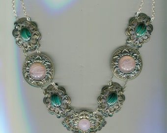 Medieval Renaissance necklace old-silver + rose quartz optics + malachite optics size 56