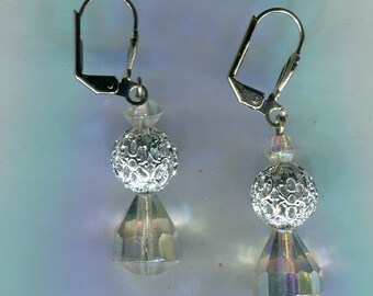 Medieval Renaissance earrings drops silver + crystal 45 x 10 mm