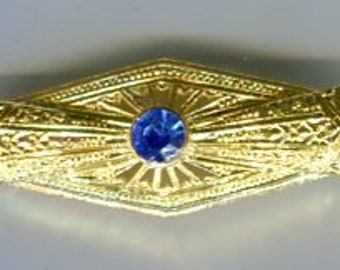 filigree medieval Renaissance brooch with rhinestone gold + sapphire look 48 x 16 mm