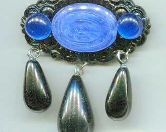 filigree medieval Renaissance brooch Victorian schwar + sapphire look 60 x 50 mm