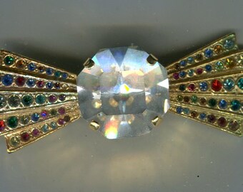 Medieval Renaissance Rhinestone Brooch Bow gold + crystal + colorful 58 x 20 mm