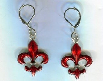 Medieval Renaissance earrings Fleur de Lis red + silver 45 x 20 mm